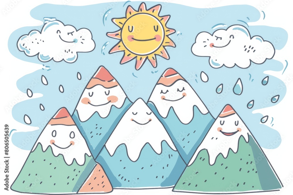 Cartoon cute doodles of a group of mountain peaks playing a game of hide and seek with the sun, peeking out from behind clouds, Generative AI Cartoon cute doodles of a group of mountain peaks playing a game of hide and seek with the sun, peeking out from behind clouds, Generative AI