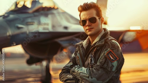 Man in pilot attire stands confidently front of fighter jet at sunset photo