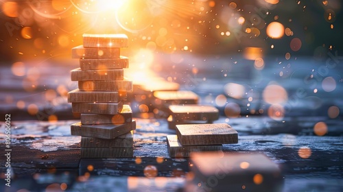 entrepreneurial resilience and adaptability a stack of wooden blocks stands beside a bright light, symbolizing the strength and resilience of the human spirit #806506052