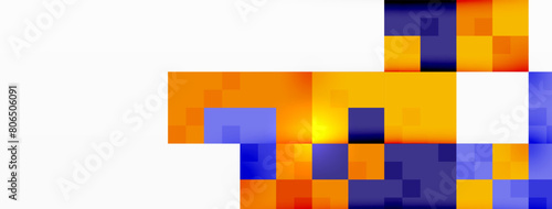 A beautiful display of colorfulness with squares in shades of orange, violet, electric blue, and magenta on a white background. The pattern and font create an artful arrangement of rectangular shapes