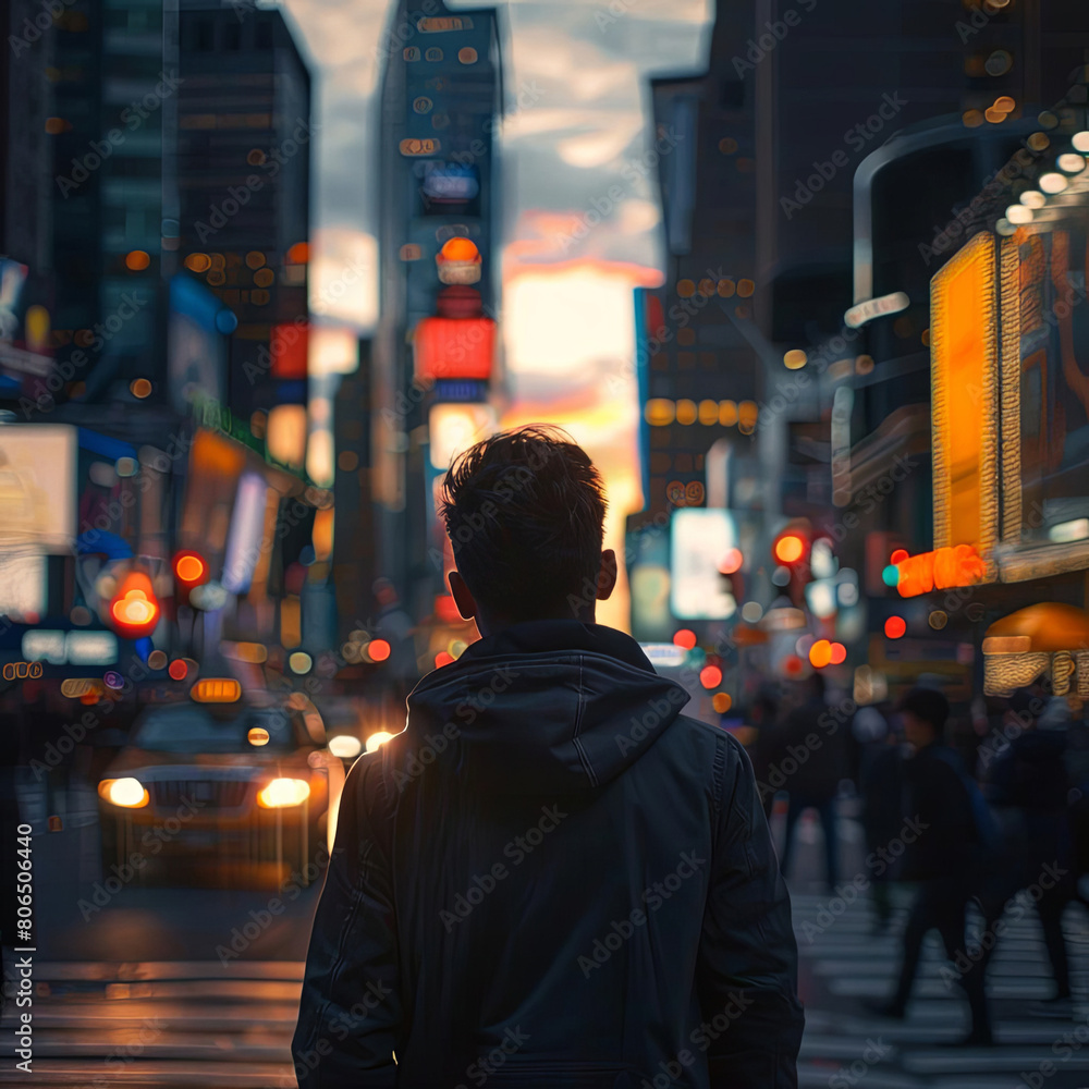 A man standing in the middle of a busy city street, looking at the lights.