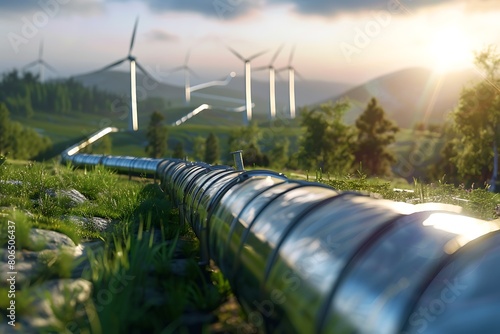 Hydrogen pipeline with wind turbines in the background.