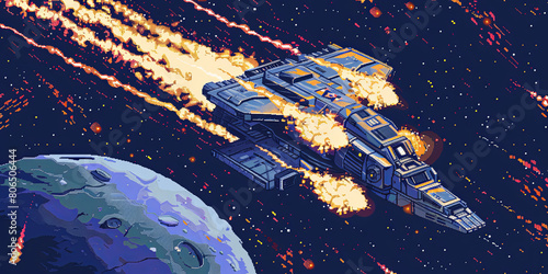 Fototapeta Naklejka Na Ścianę i Meble -  a pixel art spaceship in space, generative AI