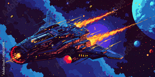 Fototapeta Naklejka Na Ścianę i Meble -  a pixel art spaceship in space, generative AI