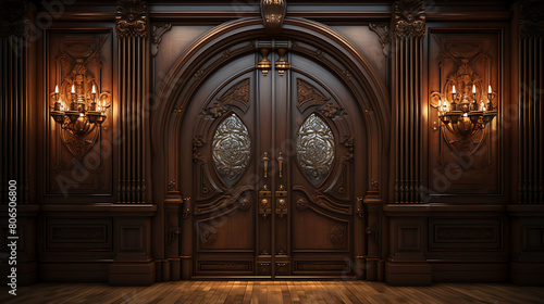 Classic wooden door with carved details and stained glass 