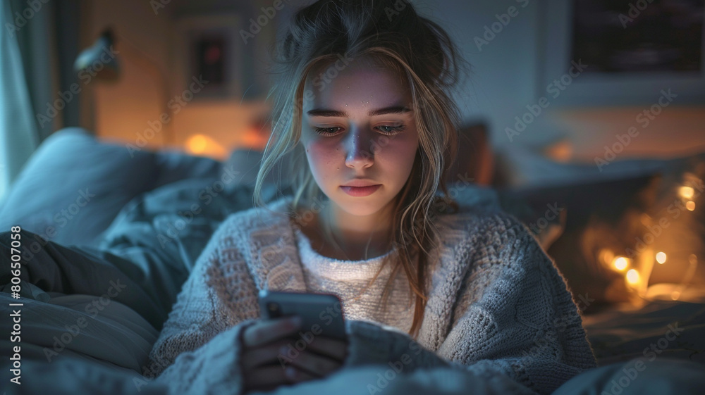 Obraz premium Internet online cyberspace bullying, sad and crying teenager, social media school worried emotion stressed angry upset young technology negative hate.