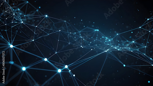 Abstract polygonal background from lines, dots and glowing particles with plexus effect. Artificial intelligence connectivity or technology concept. Digital vector mesh illustration in dark blue