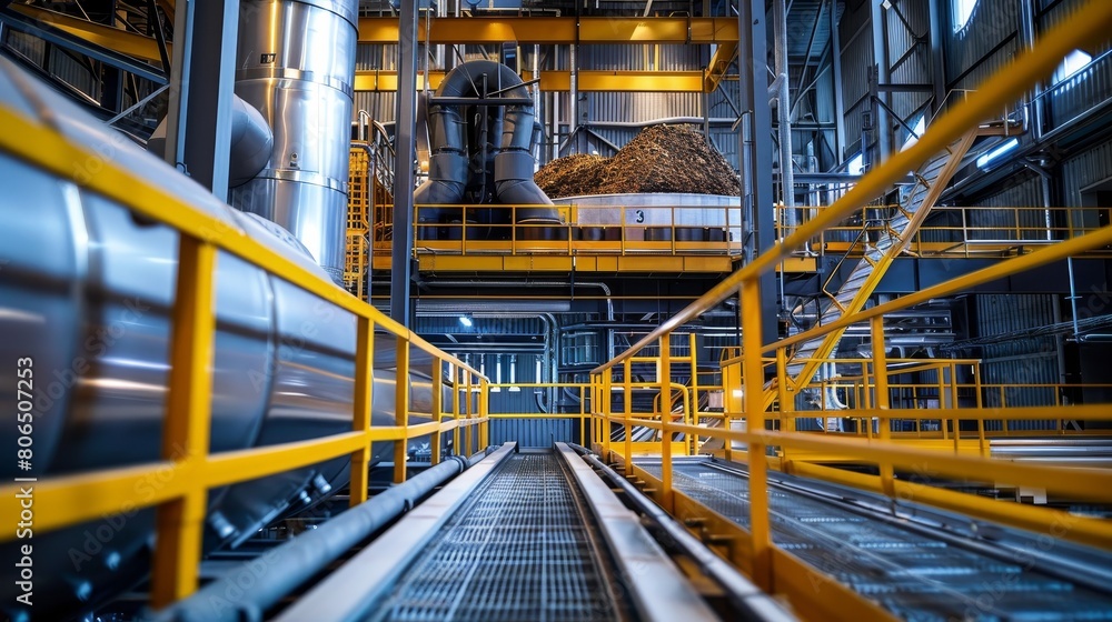 Close-up view inside a biomass power plant where organic waste is processed into electrical energy, highlighting technology and sustainability Close-up view inside a biomass power plant where organic waste is processed into electrical energy, highlighting technology and sustainability