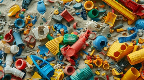 Detailed depiction of weathering plastic parts of different colors, polluting pristine sand, captured in a raw, realistic style
