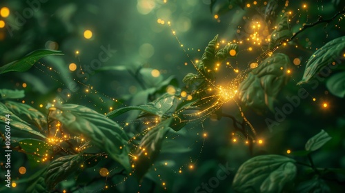 Close-up of organic plants with glowing nodes of electrical energy  set against a backdrop of a dense  lush forest