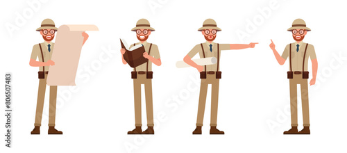Set of Archaeologist man wear brown suit character vector illustration design. Presentation in various action.
