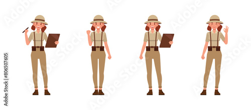 Set of Archaeologist woman wear brown suit character vector illustration design. Presentation in various action.