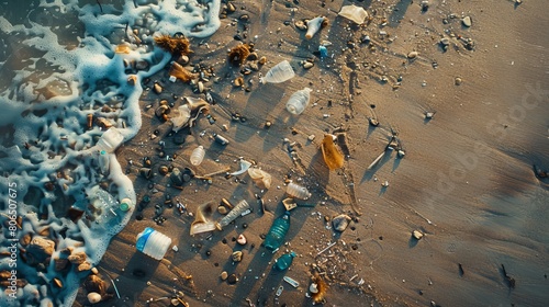 A stark portrayal of scattered, weathered plastic debris on a sandy shore, demonstrating the persistent problem of plastic pollution photo