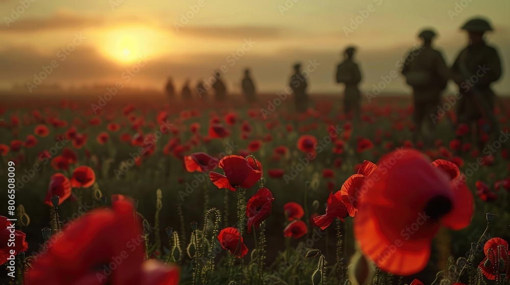 Remembrance Day Celebration.A field of red poppies blooming in the foreground, with the silhouettes of soldiers in a distant battlefield against a muted sunset