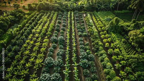 Aerial view of an expansive organic plant farm, lush and green, a sustainable agricultural example