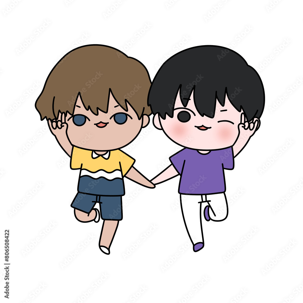 Two cartoon characters holding hands and smiling Two cartoon characters holding hands and smiling