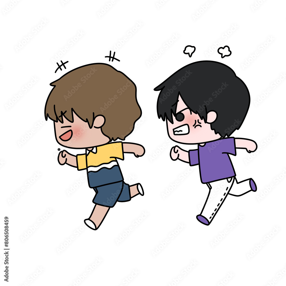 Two cartoon characters are running and one of them is angry Two cartoon characters are running and one of them is angry