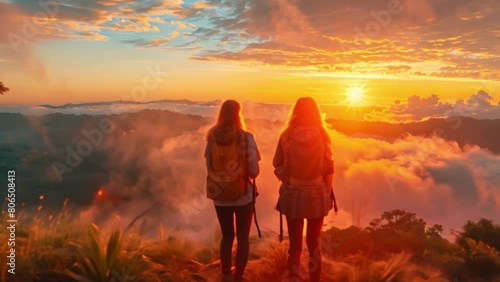 A group of young female backpackers happily look at the mist and the morning sun as the travelers soak up the beauty of the mountain nature landscape during their holiday trip. Very happy photo