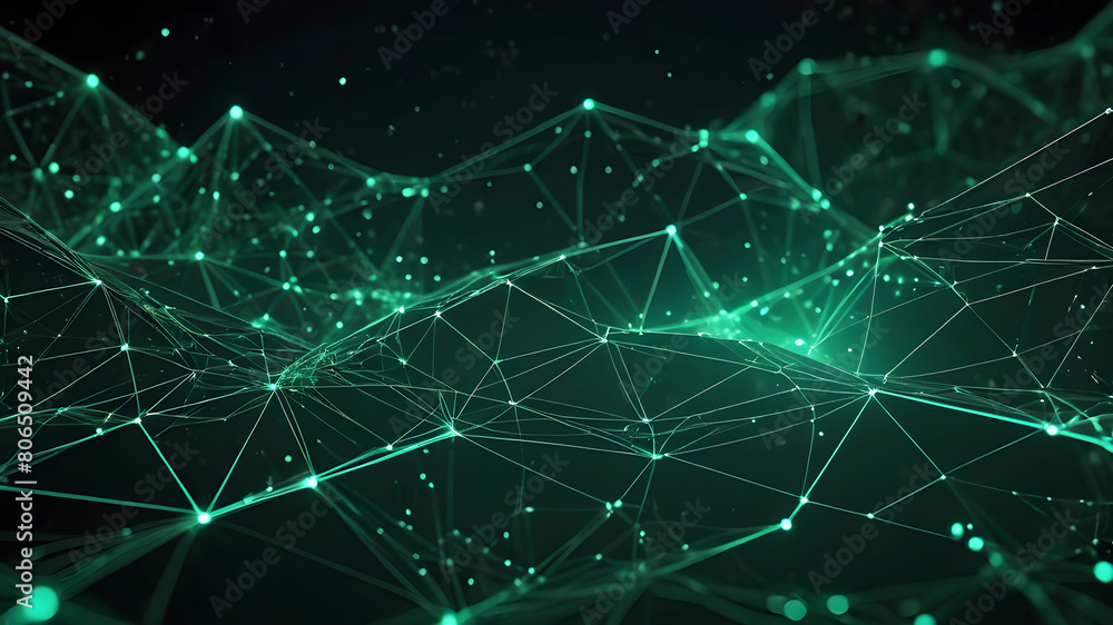 Obraz premium Abstract polygonal background from lines, dots and glowing particles with plexus effect. Artificial intelligence connectivity or technology concept. Digital vector mesh illustration in dark green