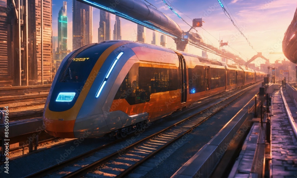 Naklejka premium Train of the future running in the city