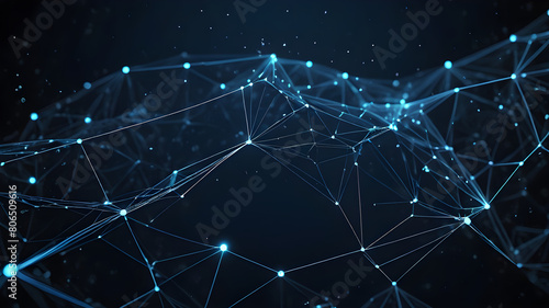 Abstract polygonal background from lines, dots and glowing particles with plexus effect. Artificial intelligence connectivity or technology concept. Digital vector mesh illustration in dark blue