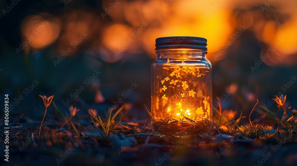A glass jar with a light inside sitting on the ground A glass jar with a light inside sitting on the ground