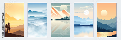 Vector minimalistic landscapes set for social media stories, vertical banner and wallpaper for phone