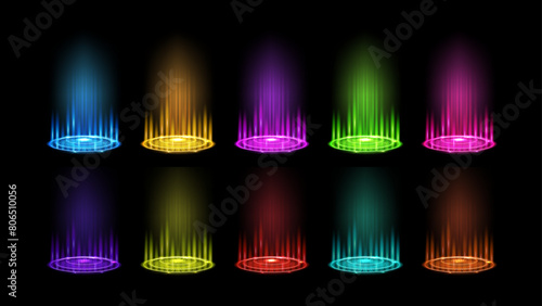 Color hologram effect and portal set. Magic fantasy portal with neon round blue, yellow, pink, purple and red glow ray night. Magic circular podium for teleportation with a hologram effect. Vector