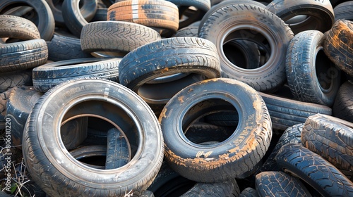 Pile of old and dirty car tires in a landfill