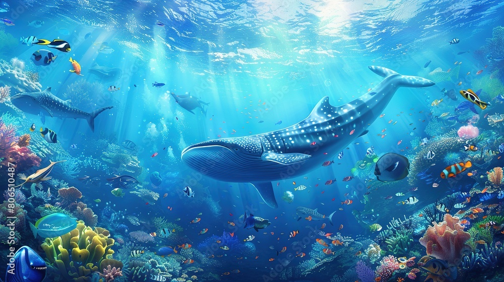 Fototapeta premium Panorama background of beautiful coral reef with marine tropical fish. Whale shark, Hammerhead shark, Zebra shark and sea turtle visited here
