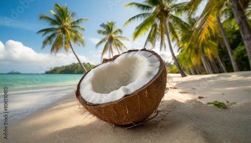 Wallpaper Mural a coconut broken in half on a beach with coconut trees in the background Torontodigital.ca