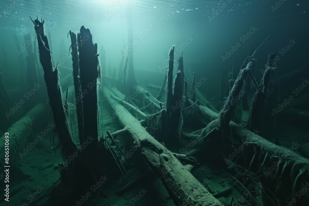 Encounter the remnants of a long-forgotten forest as you explore the depths of a submerged wilderness, where sunken trees stand, Generative AI Encounter the remnants of a long-forgotten forest as you explore the depths of a submerged wilderness, where sunken trees stand, Generative AI