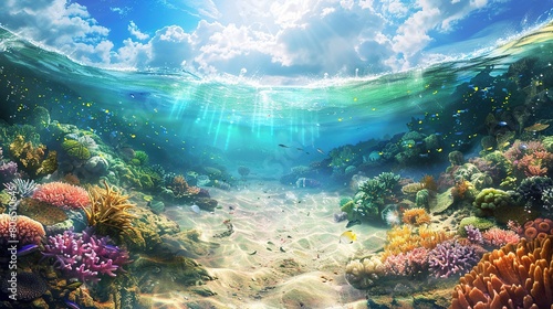World Oceans Day. World Water Day. Blue ocean underwater life with coral reefs and colorful fish. Bright sunlight shining on the underwater water. Beautiful nature landscape.