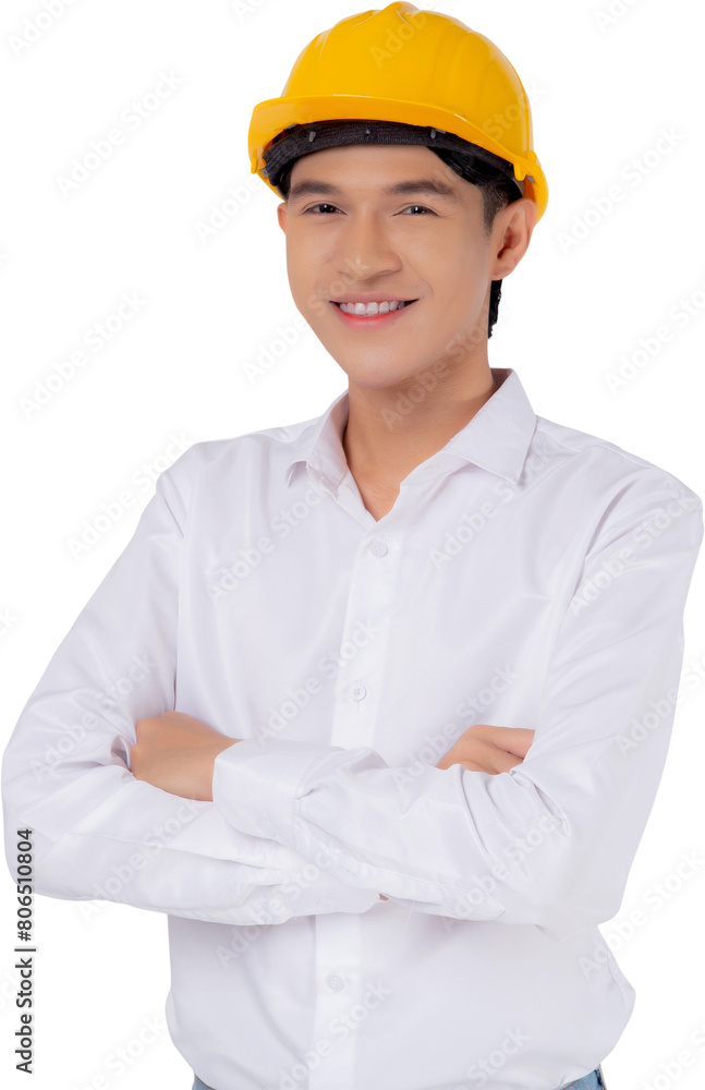 Portrait young asian man is engineer wearing helmet standing and smiling with confident, handsome male is architect or contractor, worker or labor, industrial concept. Portrait young asian man is engineer wearing helmet standing and smiling with confident, handsome male is architect or contractor, worker or labor, industrial concept.