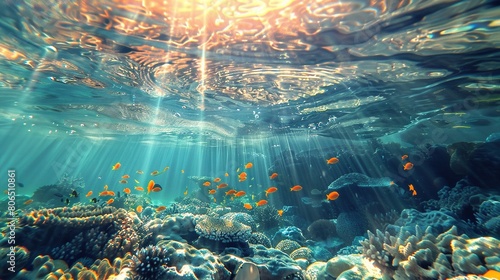 World Oceans Day. World Water Day. Blue ocean underwater life with coral reefs and colorful fish. Bright sunlight shining on the underwater water. Beautiful nature landscape.