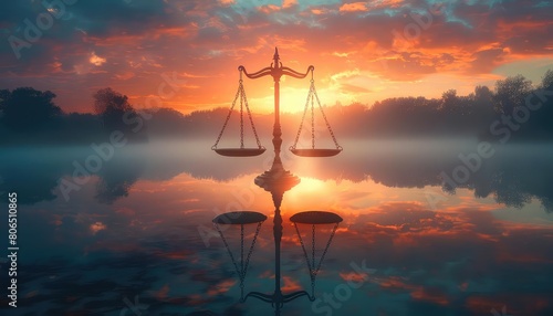 The scales of justice weigh the evidence in the misty morning light, reflecting on the calm water below. The scales are balanced, representing the impartiality of the law. photo
