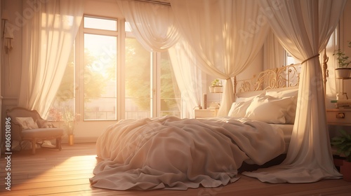 A serene bedroom with a king-sized bed, fluffy pillows, and sheer curtains billowing in the breeze photo