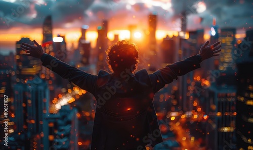 A man stands atop a building, arms outstretched, as the sun sets over a cityscape. photo