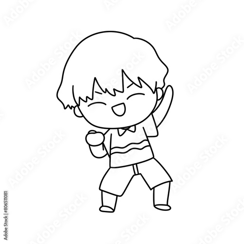 A cartoon boy is dancing and smiling