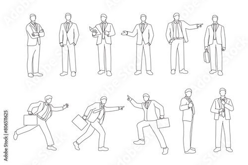 Businessman, Man in business suit with tie, businessman in different poses line art
