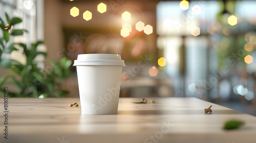 realistic white mockup of paper cup with lid on a restaurant photo