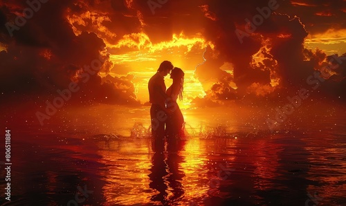 A couple is standing in the middle of a lake  surrounded by a fiery sunset. The water is calm and still  reflecting the orange and yellow
