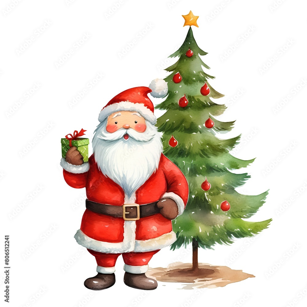 Watercolor illustration of Santa Claus and Christmas tree on white background. Watercolor illustration of Santa Claus and Christmas tree on white background.