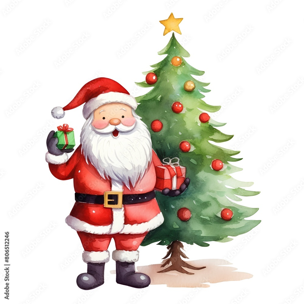 Watercolor illustration of Santa Claus with a gift in his hands and a Christmas tree Watercolor illustration of Santa Claus with a gift in his hands and a Christmas tree