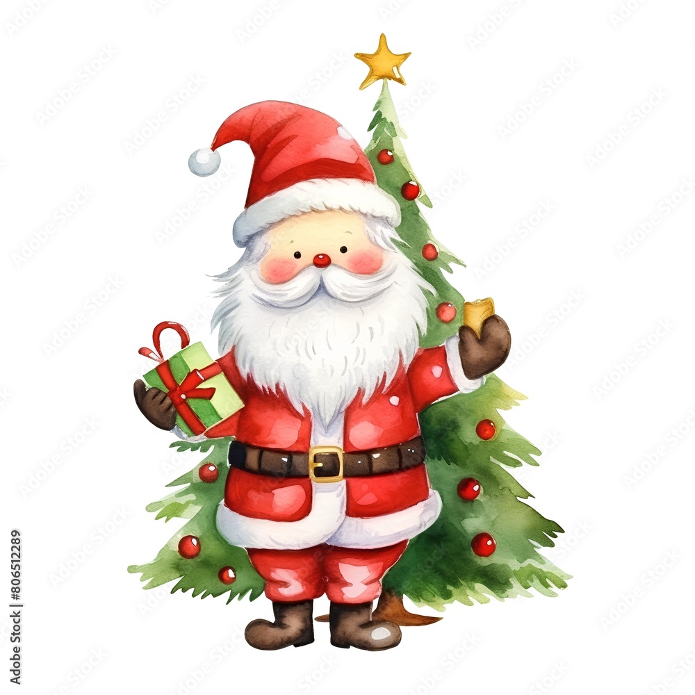 Watercolor Santa Claus with Christmas tree. Isolated on white background Watercolor Santa Claus with Christmas tree. Isolated on white background