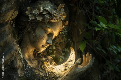 A crescent moon resting in the palm of a fairy statue, illuminating a hidden glen