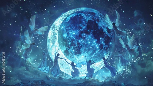 A crescent moon surrounded by a ring of fairies dancing, their wings shimmering in the moonlight photo