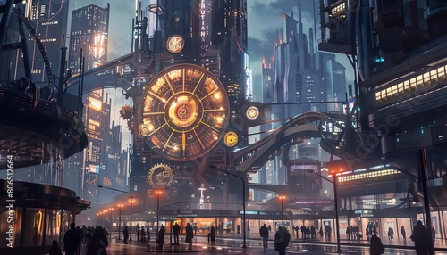 A dramatic scene with a giant clock powered by gears as the centerpiece of a futuristic city square photo