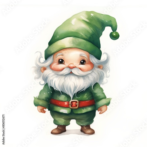 Hand drawn watercolor illustration of a Christmas elf isolated on white background