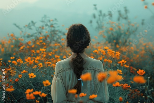 n the midst of a serene summer evening, a nameless woman stands amid orange flowers, her anonymity only adding to the allure of the picturesque scene